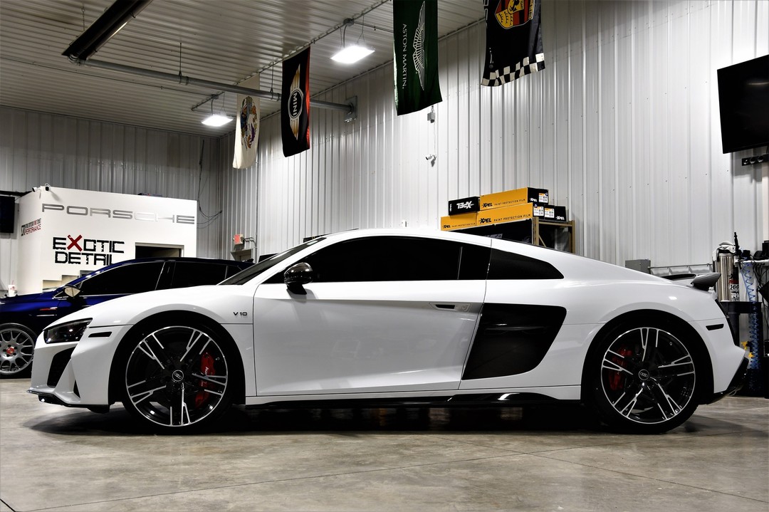 White Audi R8 supercar after multi-stage paint correction